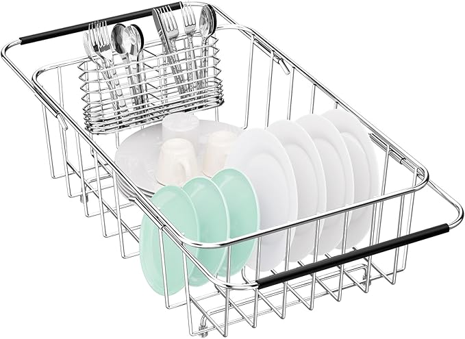 Fanbsy Small Dish Drainer Rack in Sink Adjustable, Expandable Stainless Steel Metal Dish Drying Rack Organizer with Stainless Steel Utensil Holder Over Inside Sink Counter, Rustproof(for 1-2 People) by Fanbsy