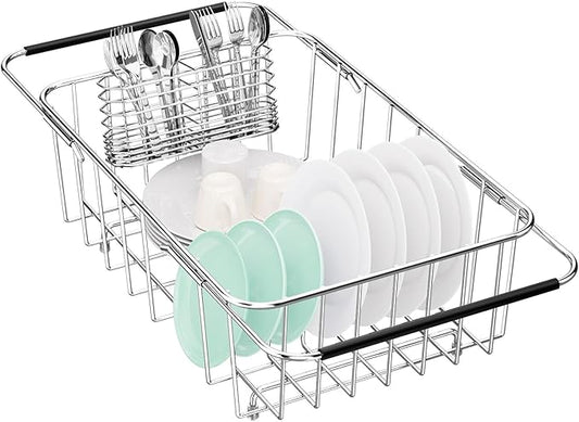 Fanbsy Small Dish Drainer Rack in Sink Adjustable, Expandable Stainless Steel Metal Dish Drying Rack Organizer with Stainless Steel Utensil Holder Over Inside Sink Counter, Rustproof(for 1-2 People) by Fanbsy