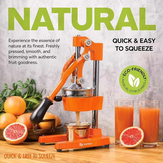 Eurolux Ultra-Premium Cast Iron Juicer | Extra-Large, Heavy Duty, Commercial Grade, Stainless Steel Manual Hand Press Citrus Squeezer For Fresh Orange Juice, Pomegranate, Lemon, and Much More (Orange) - Image 5