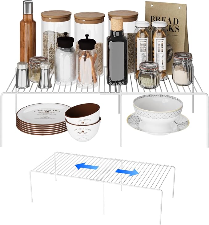 2Pack Expandable Storage Shelf, 13.5"~23" L x 9.4" W x 5.5" H, White | Adjustable Rustproof Metal Wire Spice Rack, Space Saver Kitchen Storage Shelves for Pan, Pot, Countertop, Drawer, Fridge by DPZM
