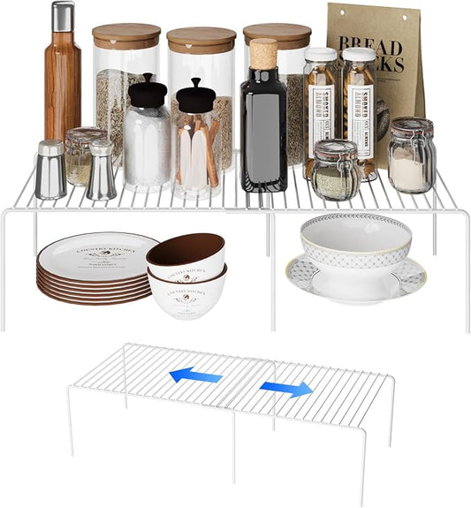2Pack Expandable Storage Shelf, 13.5"~23" L x 9.4" W x 5.5" H, White | Adjustable Rustproof Metal Wire Spice Rack, Space Saver Kitchen Storage Shelves for Pan, Pot, Countertop, Drawer, Fridge by DPZM