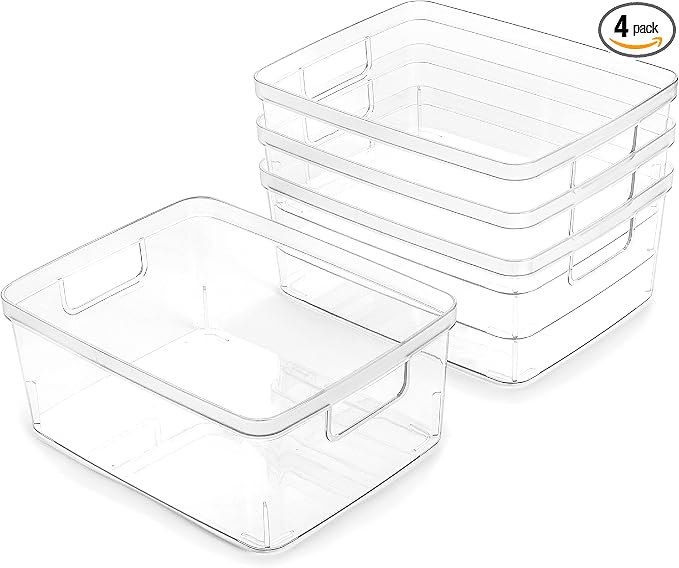 BINO Plastic Storage Containers, Small - 4 Pack THE LUCID COLLECTION, Multi-Use Organizer Bins Built-In Handles BPA-Free Clear, Fridge, Pantry & Home Organization by BINO