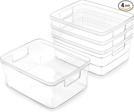 BINO Plastic Storage Containers, Small - 4 Pack THE LUCID COLLECTION, Multi-Use Organizer Bins Built-In Handles BPA-Free Clear, Fridge, Pantry & Home Organization by BINO