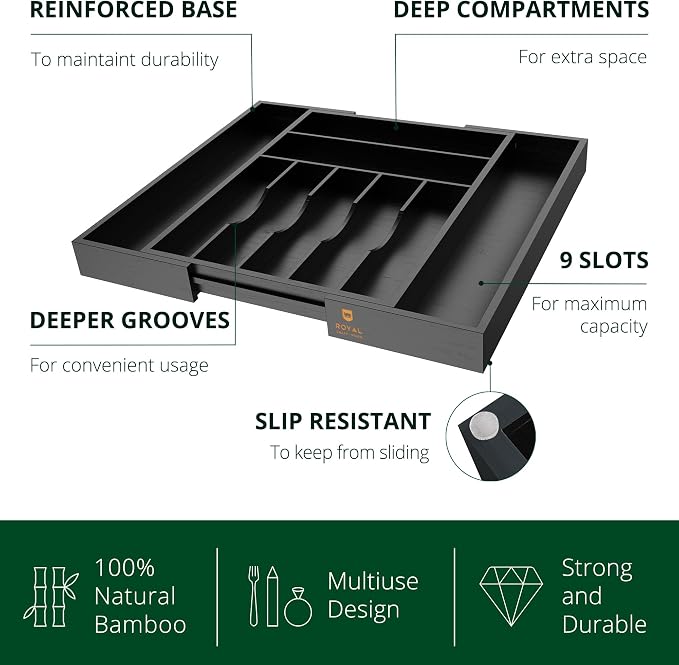 ROYAL CRAFT WOOD Luxury Bamboo Kitchen Drawer Organizer - Silverware Organizer - Utensil Holder and Cutlery Tray with Grooved Drawer Dividers for Flatware and Kitchen Utensils (9 Slot, Black) - Image 3