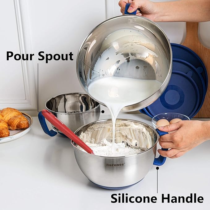 Stainless Steel Mixing Bowls Set with Lids,1.5,3 & 5 Qt,Blue | Non-Slip Silicone Base,Precision Pour Spout,Ergonomic Easy-Grip Handle,Measurement Marks,Airtight Lids,Cooking & Meal Prep - Image 6