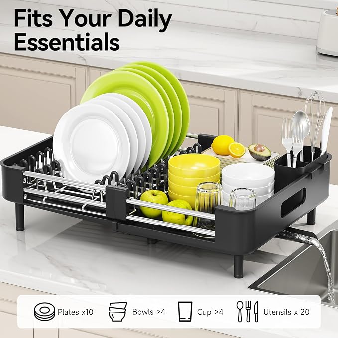 Urackify Extendable Stainless Dish Drying Rack for Kitchen Counter, Black | 13.78"W x 18.7"L, Foldable Drainboard for Space Saving, Knife and Utensil Holder, Fast-draining Spout - Image 2