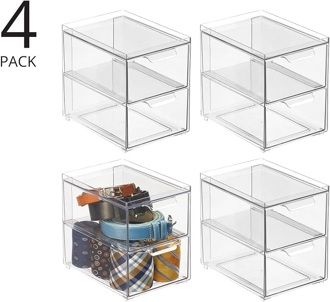 mDesign Stackable Storage Containers Box with 2 Pull-Out Drawers - Stacking Plastic Drawer Bins for Closet Organization, Linen, Coat, Bedroom or Entryway Closets - Lumiere Collection - 4 Pack, Clear - Image 4