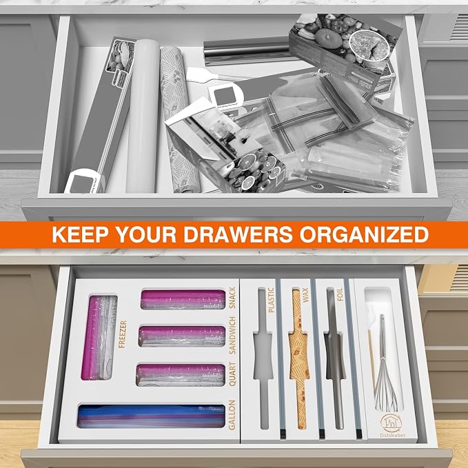 DALSHABET 9 IN1 Bamboo Storage Bag Drawer Organizer with Cutter, Foil and Plastic Wrap Dispenser for Kitchen Storage Compatible with All Brands Gallon, Quart, Sandwich & Snack Size Bags - White - Image 2