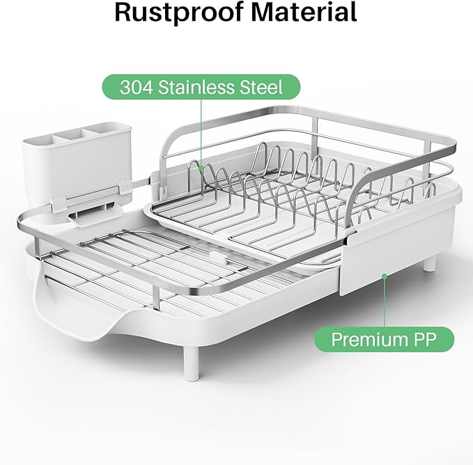 SNTD Expandable Dish Drying Rack for Kitchen Counter, 15.2-22.1 in, White | Rust-Resistant Stainless Steel, Protective Side Rails, Self-Draining Drainboard, Removable Utensil Holder - Image 4