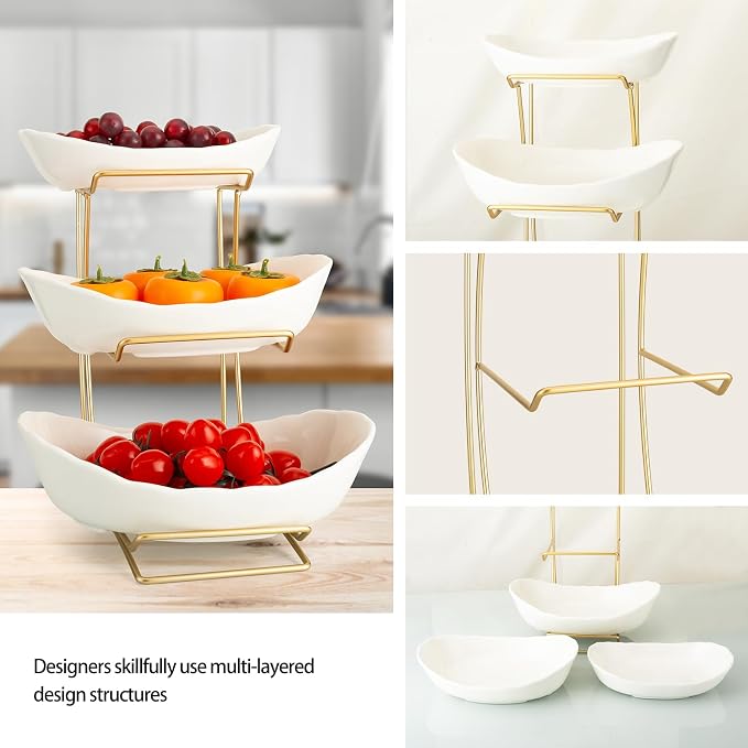 3 Tier White Gold Fruit Bowl and Tray with Metal Stand, Triple Layer Fruit Basket for Snacks, Nuts, Bread, Candy Storage - Image 5