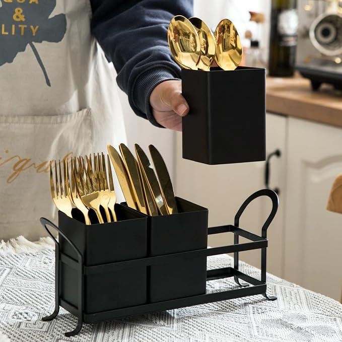 NelyBet Flatware, Cutlery,Kitchen Utensil & Silverware Caddy Organizer Bin Holder for Forks, Spoons, Knives - Perfect for Kitchen Countertop- Black - Image 4
