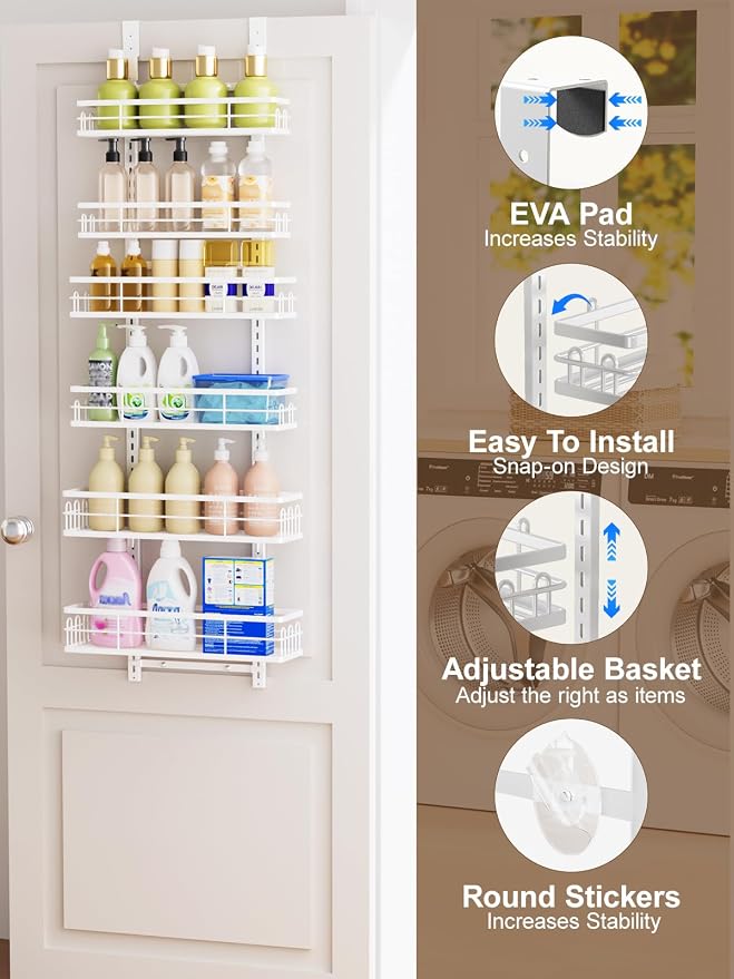 Delamu Over the Door Pantry Organizer, 6 Tier Pantry Door Organizer with Adjustable Basket, Door Spice Rack Seasoning Organizer, Metal Hanging Pantry Organizers and Storage for Kitchen,15.3" White - Image 3