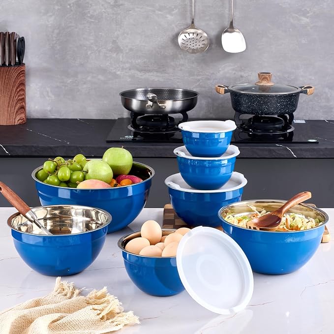 Blue Mixing Bowls With Airtight Lids,Stainless Steel Bowl,Salad Bowls 7 Piece Colorful Nesting Bowl Blue Kitchen Accessories,Size 7,3.6,2.7,2.1,1.5,1.1,0.8QT Stackable Design - Image 7