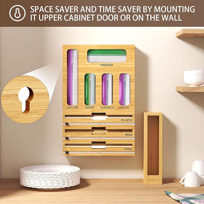 9 IN 1 Bamboo Foil and Plastic Wrap Organizer for Kitchen Drawer, Plastic Bag Organizer Organization and Storage, Food Storage Bag Organizer with Labels for Quart Gallon Snack Sandwich Bag - Image 4
