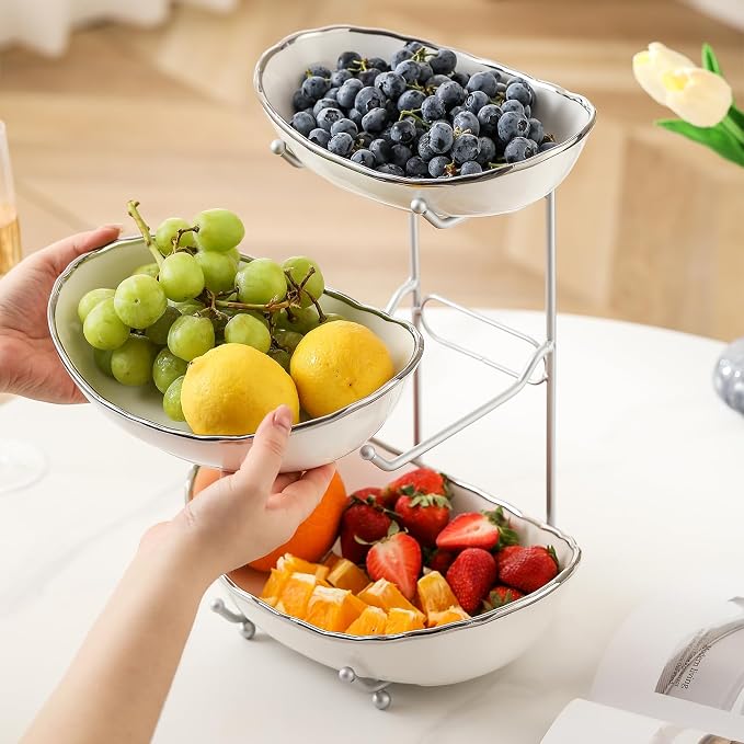 Ceramic Fruit Bowl for Kitchen Counter - 3 Tier Fruit Basket with Metal Stand, Tiered Fruit Stand for Countertop, Snack, Nuts, Cake, Dessert, Small & Cute (Silver-rimmed) - Image 5