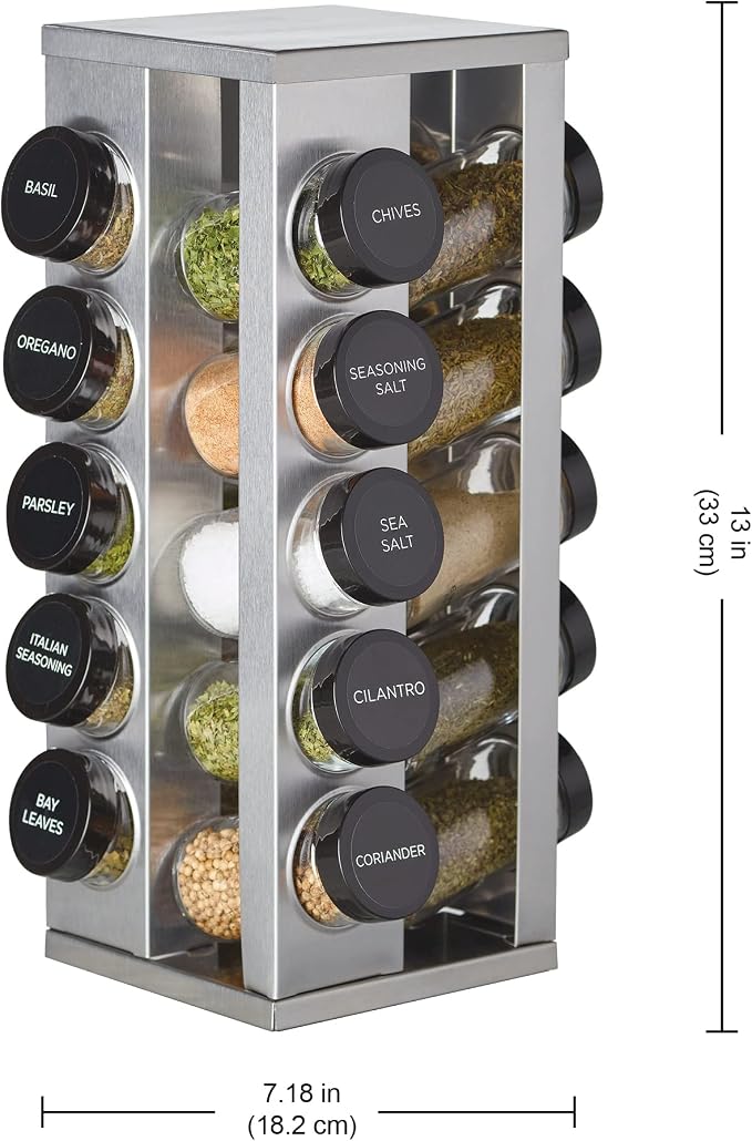 Kamenstein 20 Jar Heritage Revolving Countertop Spice Rack Organizer with Spices Included, FREE Spice Refills for 5 years, Brushed Stainless Steel with Black Caps - Image 5