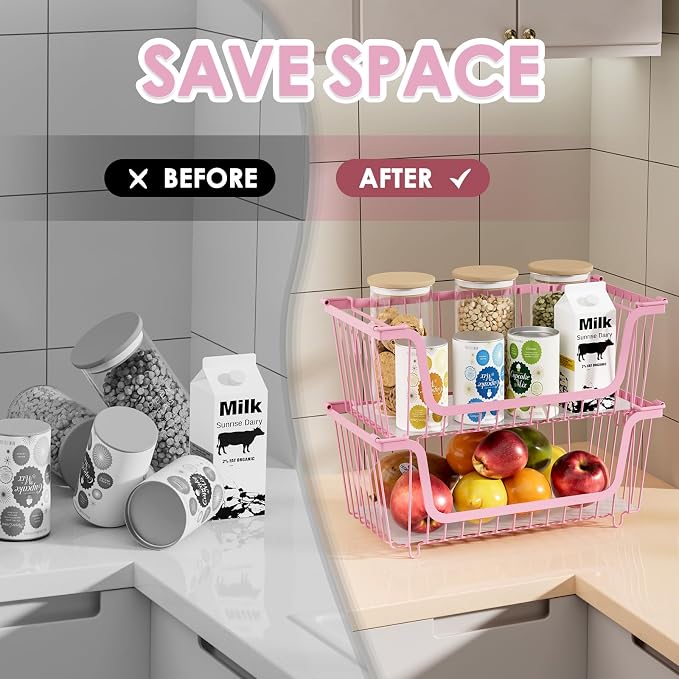4 Pcs Stackable Wire Baskets for Pantry Organizers and Storage,pink, | Vegetable Fruit Basket for Countertop,Kitchen Storage Metal Baskets,Produce Potato Onion Storage Bin, - Image 5
