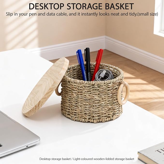 Woven Seagrass Storage Basket Set of 2 with Lids | Stackable Rectangular Baskets,Decorative Natural Storage for Organization, Home, Closet, Desktop & Shelves - Image 3