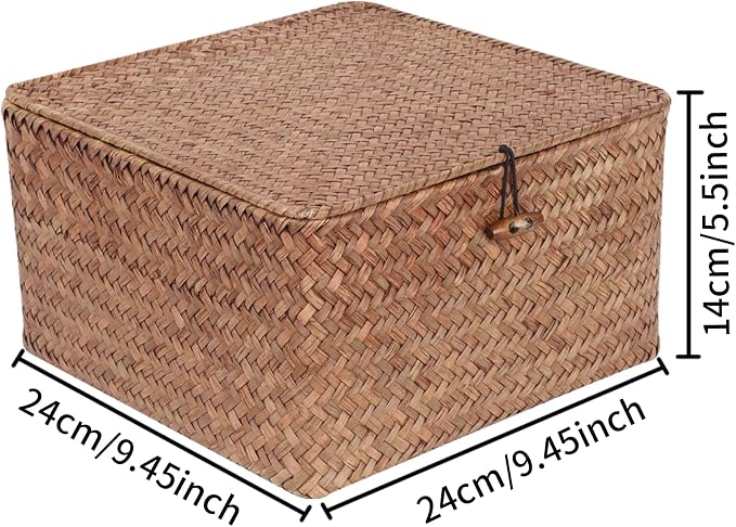 Moosky Wicker Shelf Baskets with Lid, Handwoven Seagrass Storage Basket Bins Square Gift Boxes for Shelves Home Decor Organizer (Coffee, Medium) - Image 5