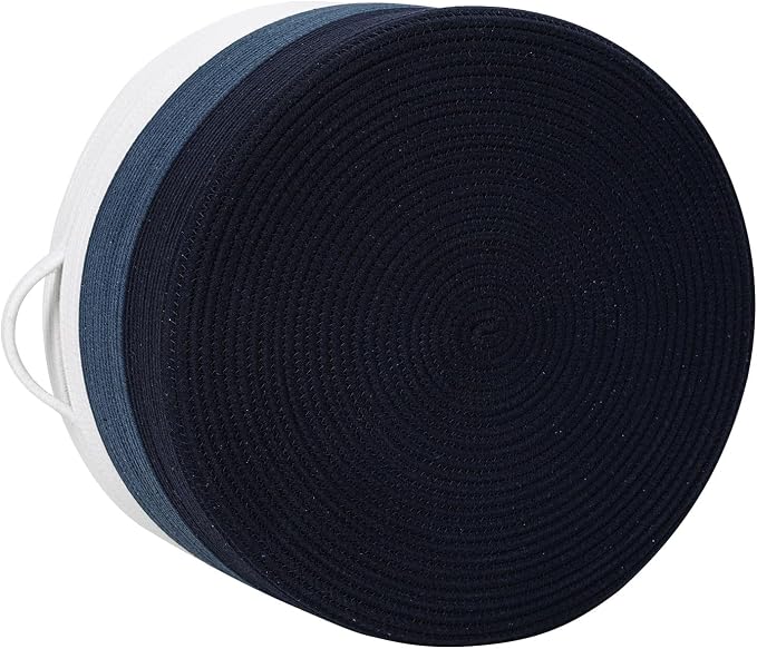 20x15 Inch Extra Large Round Cotton Rope Storage Basket with Lid, Decorative Woven Bin with Cover for Living Room Bedroom Closet, Blue & Deep Blue - Image 3
