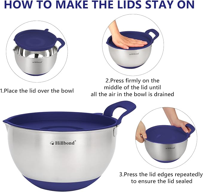 Hillbond Mixing Bowls with BPA Free Airtight Lids Stainless Steel Nesting Bowls with Pour Spout, Silicone Handle Non-Slip Bottoms for Baking, Dishwasher Safe Metal Bowls, 1.5, 3, 5 QT (Blue) | BPA Free Airtight Lids, Nesting Bowls with Pour Spout, Sili... - Image 3
