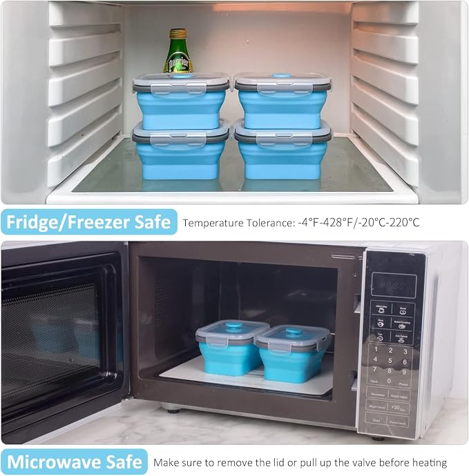 Collapsible Food Storage Containers with Lids & Vent, 11.8 oz, Kitchen Stacking Silicone Collapsible Meal Prep Container Set for Leftover, Microwave Freezer Dishwasher Safe, Blue Small 4 Pack - Image 5