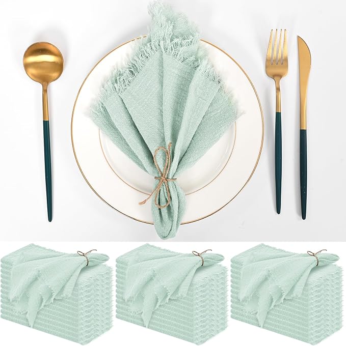 36 Pack Sage Green Cloth Napkins, 16 x 16 Inch Cotton with Fringe Settings | Handmade washable reusable cotton dinner napkins in bulk for weddings, parties, rustic boho table settings by FXKS