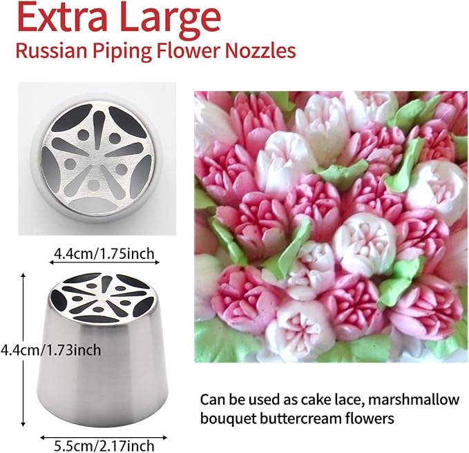 6Pcs Extra Large Russian Flower Piping Nozzles, Stainless Steel Rose Tulip Piping Tips for Cake Decorating, Includes 1 Extra Large Nozzle, 4 Piping Bags, 1 Pagoda Brush, Dessert Baking Tool - Image 2