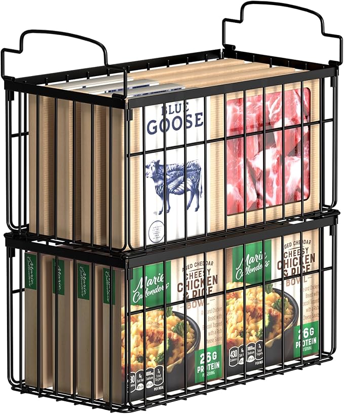 Freezer Organizer Bins, 2 Pack Big Baskets for 5/ 7 Cu.FT Deep Freezer | Stackable Chest Freezer Organizer Bins, Foldable Baskets with Handles, Black Storage Container Baskets for Sort Frozen Meats by MSERCUOR