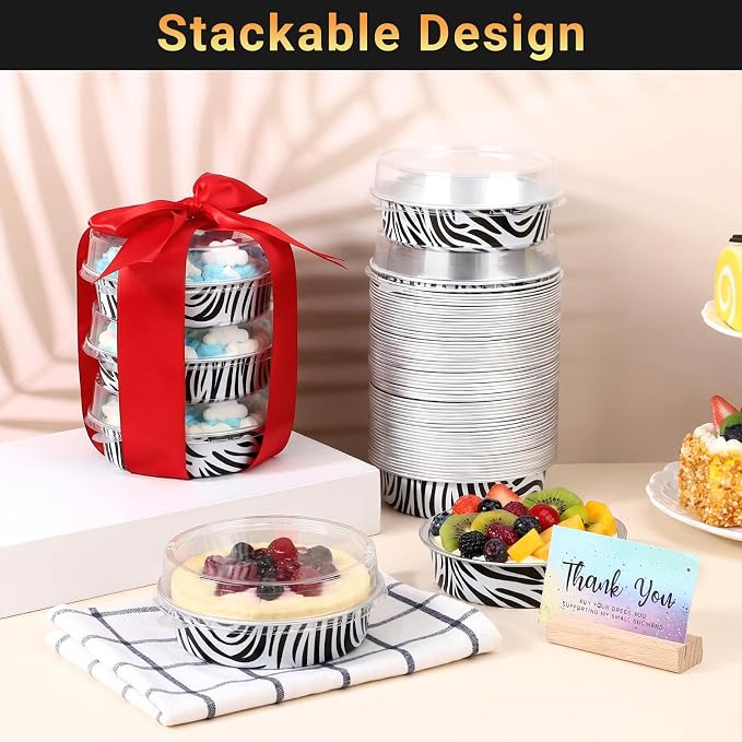 Beasea Mini Tart Pans with Lids 20 Pack, 4" 7.3oz Disposable Aluminum Foil Baking Tins Cups Round Pie Container for Individual Cupcake Dessert Muffin Cheesecake Quiche - Zebra Stripes - Image 4