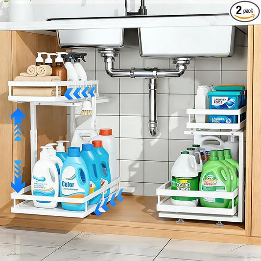 2-Tier Metal Pull-Out Under Sink Organizer, White, 2 Pack | Carbon steel 2-tier set, ball-bearing slides, adjustable height, no-drill setup, for kitchen and bathroom cabinets by jcylq