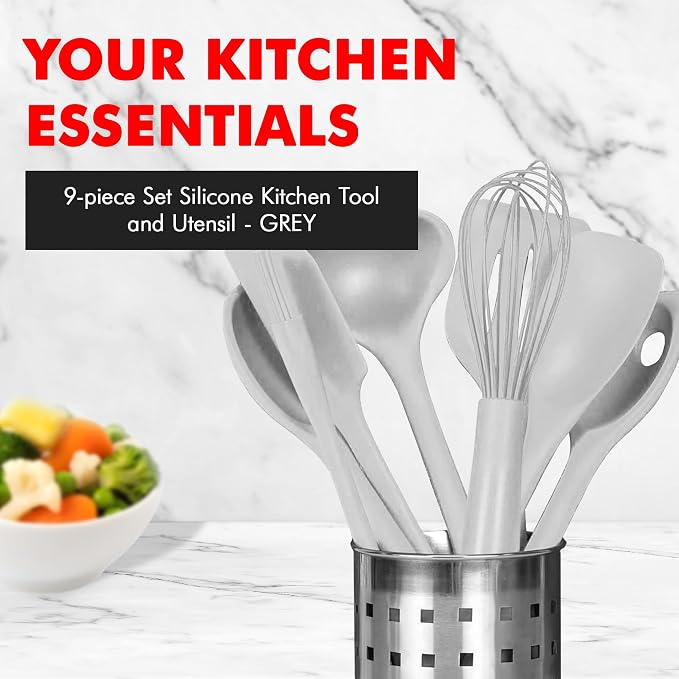 Chef Craft - Premium Silicone Kitchen Tools and Utensils Set, Non-Scratch, Withstands Temperatures up to 450°F, BPA-Free, 9 Piece Cooking Utensils Set, Gray - Image 2