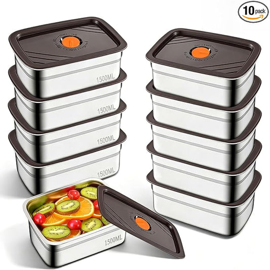10 Pack Stainless Steel Food Storage Containers with Airtight Lids, 48oz/1500ml Reusable Metal Meal Prep Container, Stackable Lunch Snack Box for Kitchen, Travel & Picnic, Freezer & Dishwasher Safe by Unknown