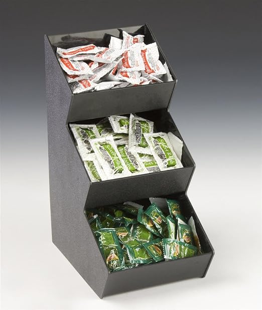 Displays2go Countertop Organizer, Black, 3-Tiered | Pockets for Condiments, Space Saving Design with Open Pockets, Easy to Clean Black Acrylic, 3TCNDBLK02 by Displays2go