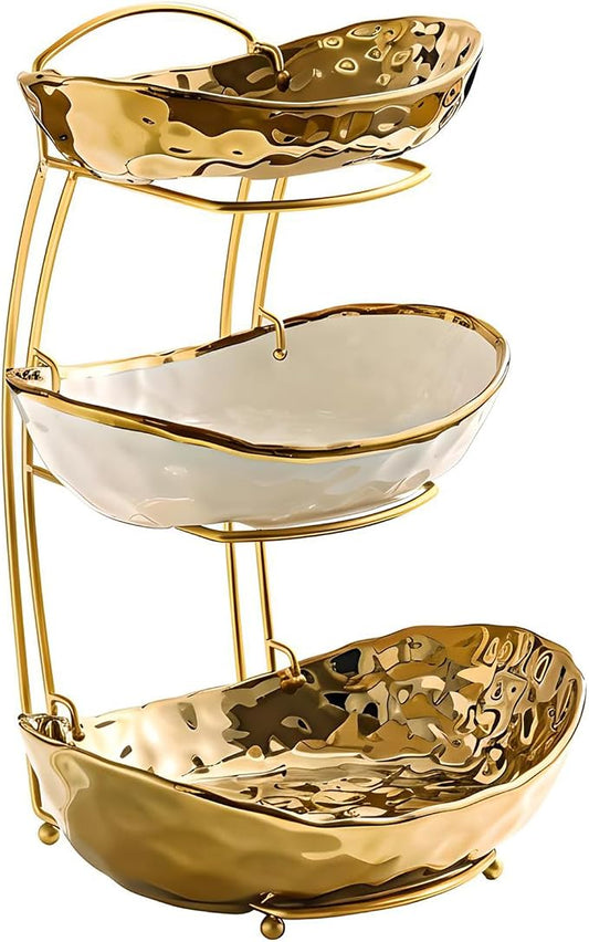 XUDREZ 2 Tier/ 3 Tier Fruit Bowl with Metal Stand for Kitchen Counter, Ceramic Gold Silver, Portable Tiered Fruit Basket Fruit Rack for Nuts, Snacks, Bread, Candy Storage (Gold, 3 Tier) by XUDREZ