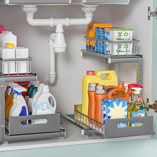 2-Pack L-Shaped Under Sink Organizer, 2-Tier Pull-out Cabinet Rack | Grey Height-Adjustable Metal Rack, Sliding Grid Drawers with Safety Stopper, Holds 100 Lbs, Ideal Kitchen Cabinet Storage by Saydear