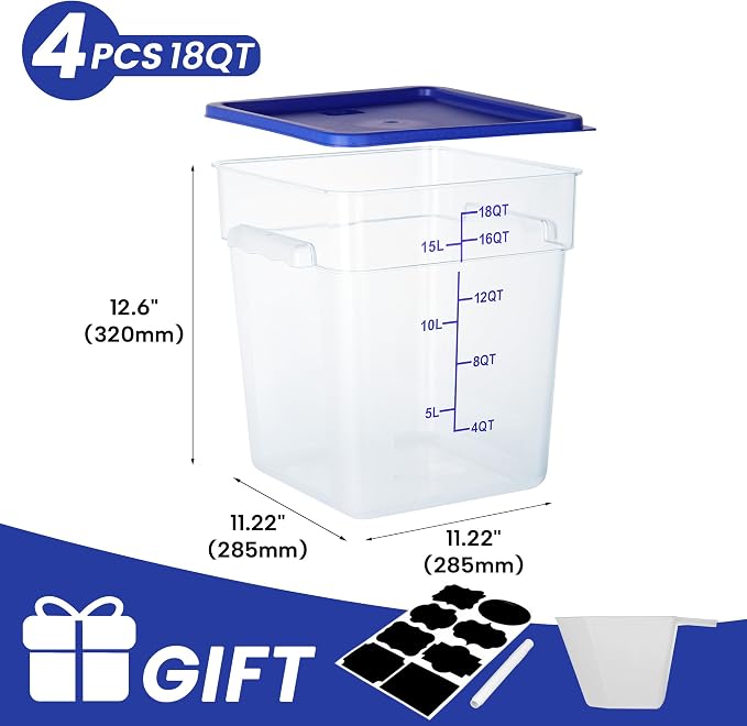 BIEAMA 4 Pack 18 Qt Square Food Storage Containers with Lids, NSF, Clear | Commercial polycarbonate containers with scale markings and handles; stackable for prep, brining, fermentation & bulk storage - Image 2