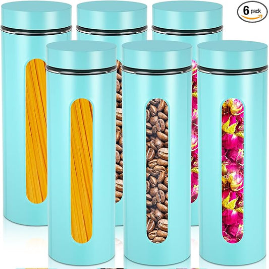 Patelai 6 Pack Kitchen Canisters Set Airtight Stainless Steel Canister Food Storage Container with Window Glass, Coffee Sugar Candy Jars Tea Organizer for Flour Cookies Spice(Turquoise,60 oz) by Patelai