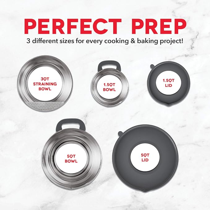 DASH Stainless Steel Mixing Bowls with Lids, Silicone Non-Slip Base with Measuring Lines and Strainer, 3 Bowl Set - 1.5 Quart, 3 Quart, & 5 Quart - Grey - Image 5