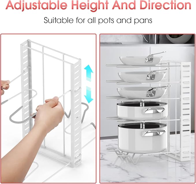 G-TING Pot Rack Organizers, 8 Tiers Pots and Pans Organizer for Kitchen Organization & Storage, Adjustable Pot Lid Holders & Pan Rack, Lid Organizer for Pots and Pans with 3 DIY Methods(White) - Image 3