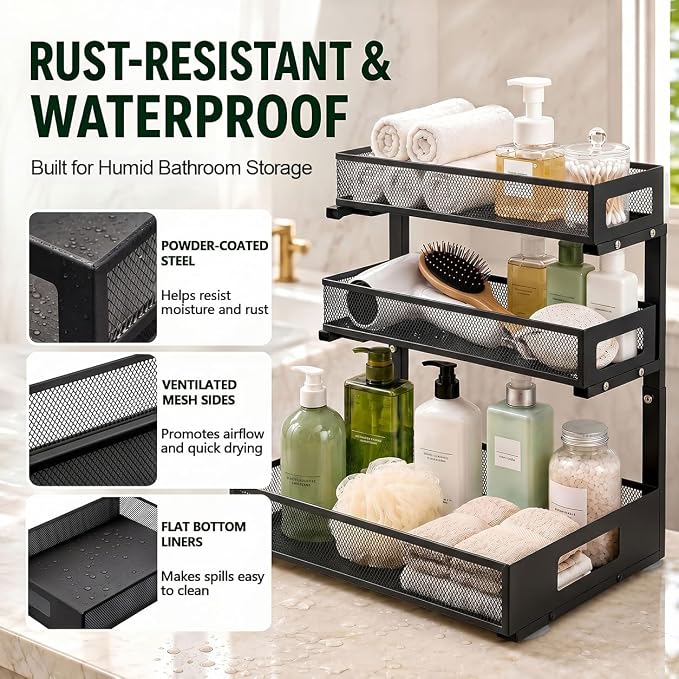 3 Tier Under Sink Organizer,1 Pack Pull Out Cabinet Shelves with Adjustable Height,Heavy Duty Carbon Steel L-Shaped Storage for Kitchen Bathroom Sink,Pantry & Laundry,Black - Image 6