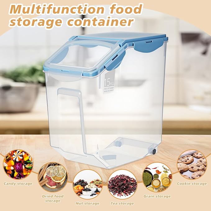4 Pack Rice Storage Container With Wheels Plastic Airtight Lid Flour Container Bin for Dog Pet Cereal Grain Dry Food, 15 Liter / 30 lbs (Blue) - Image 4