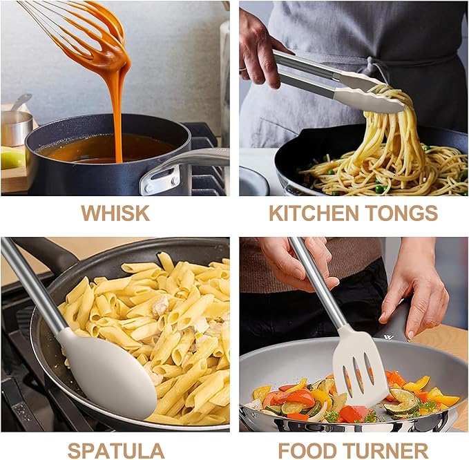 Kitchen Utensils Set-Umite Chef 34 Pcs Silicone Cooking Utensils Set for Nonstick Cookware-Silicone Spatulas Set, Stainless Steel Handle-Khaki Kitchen Gadgets Tools, Pots and Pans Accessories - Image 4