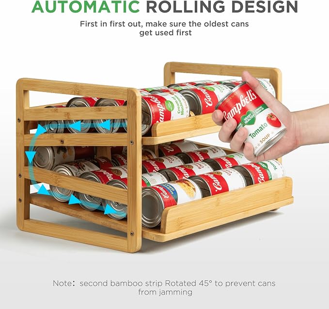2 Tier Bamboo Rolling Can Rack Organizer for Pantry Up To 27 Cans | Stackable Canned Food Organizer Rack for Storage, Kitchen Cabinet, Can Holders Dispensers for Pantry - Image 5