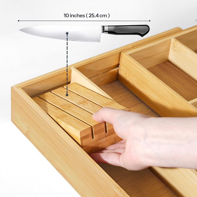 HOOBRO Large Silverware Organizer Kitchen Drawer Organizer, Magnetic Connected Expandable Utensil Organizer From 22.8 to 35.4 Inches, Bamboo 16 Slots Cutlery Tray with Knife Holder, Natural YL07TL01 - Image 8