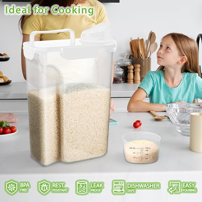 Viretec Rice Storage Container, 5 to 10lb Dry Food Airtight Dispenser, Pet Dog Cat Food Canister, BPA Free Clear Plastic Kitchen and Pantry Organization Bin for Oatmeal, Cereal, Pasta, Flour White - Image 5