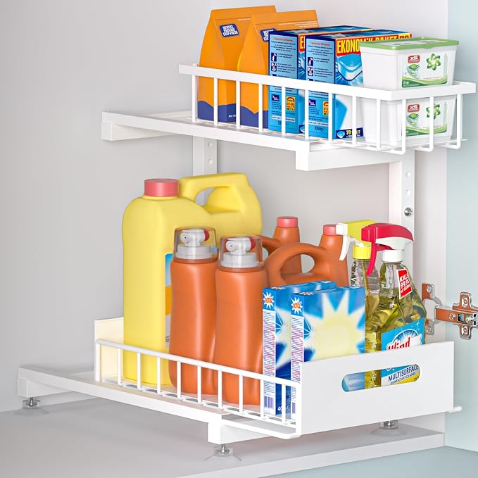 L-Shaped Under Sink Organizer, 2-Tier Pull-out Cabinet Rack 1-Pack | White Height-Adjustable Metal Rack, Sliding Grid Drawers with Safety Stopper, Holds 100 Lbs, Ideal Kitchen Cabinet Storage by Saydear