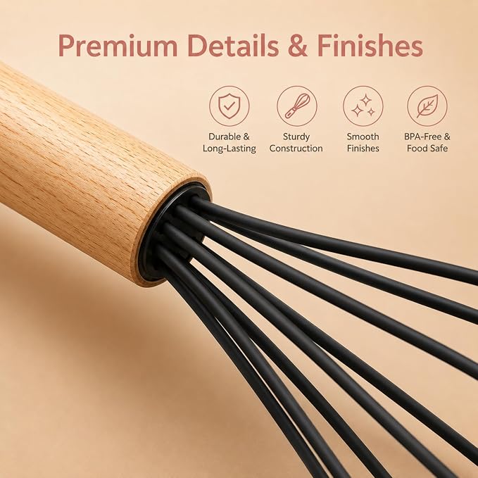 19-Piece Black Kitchen Utensils Set with Knife Set & Cutting Board - Silicone Cooking Utensils with Wooden Handles, Rose Gold Accents, Scissors, Whisk & Tongs - BPA-Free Modern Black Kitchen Gift Set - Image 5