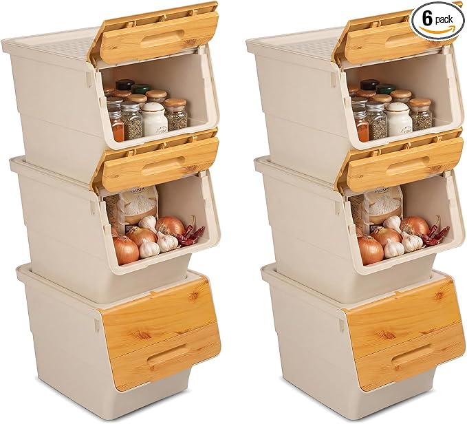 GIANTEX 6 Pack Plastic Stackable Storage Bins with Lids & Wheels, 12.5 QT | Open Front Stacking Bins, Organizer Bins for Pantry, Kitchen, Laundry, Closet, Playroom, Bedroom Organization by Giantex