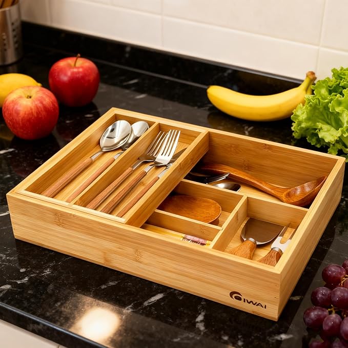 2-Tier Drawer Organizer with Removable Cutlery Tray Kitchen Utensil Silverware Drawer Organizer, Silverware Tray for Drawer Utensil Holder Bamboo Flatware Box for Utensils Stationery Cosmetics (M) - Image 4